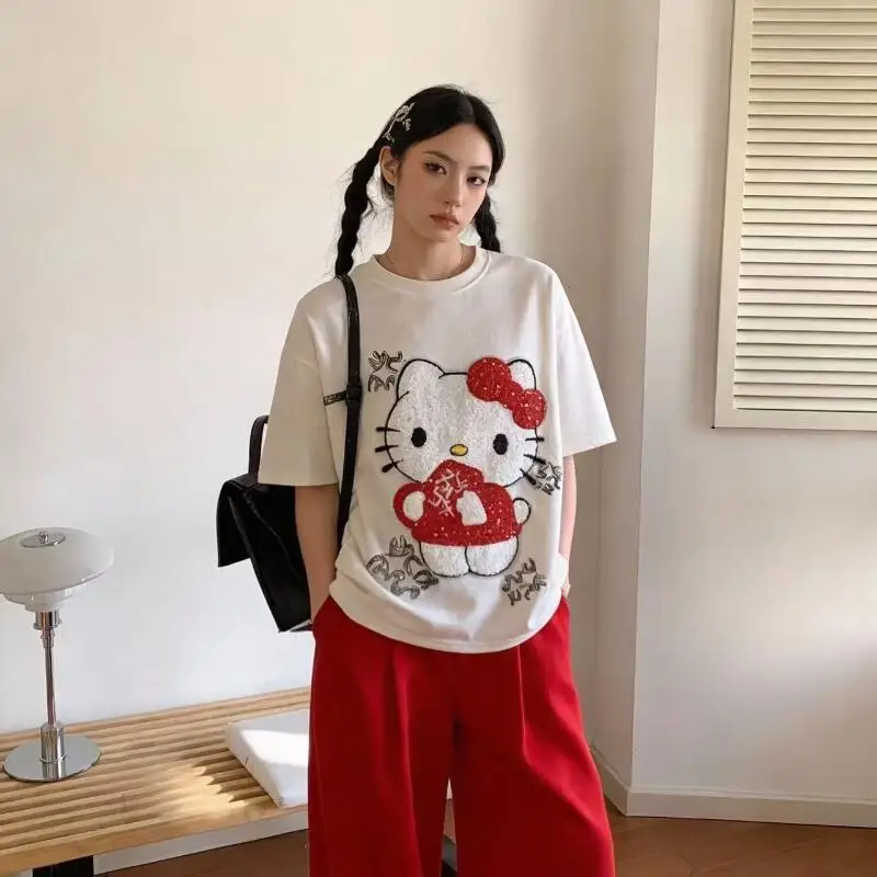 Cute Short-Sleeved Hello Kitty Summer New Style Cartoon Sequined Towel Embroidered T-Shirt for Women Popular Tops Fashionabl view 3