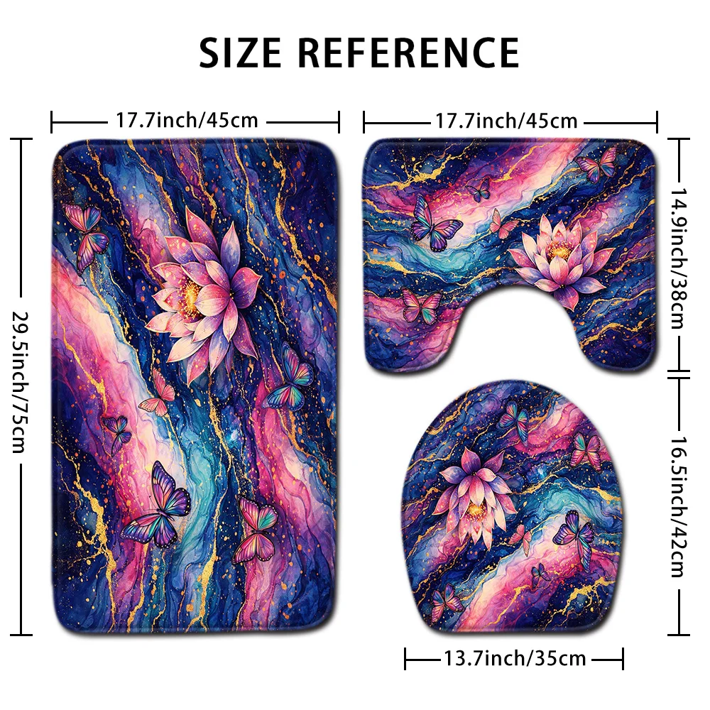 Vibrant Butterfly Lotus Floral Bathroom Mat Set 3 Piece Luxury Bath Rugs for Modern Home Decor