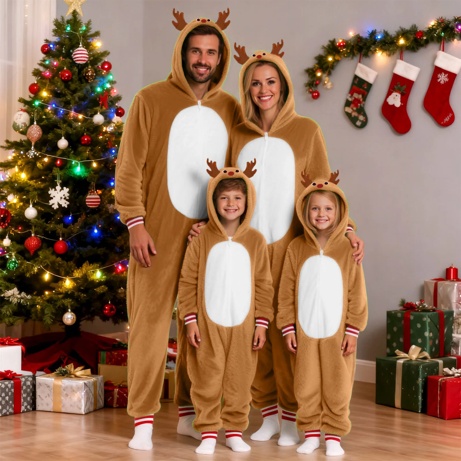 

Family Matching Christmas Pajamas for Women Elk Flannel Hooded Sleepwear Cozy Xmas Homewear for Mom Wife Holiday Party Pajamas