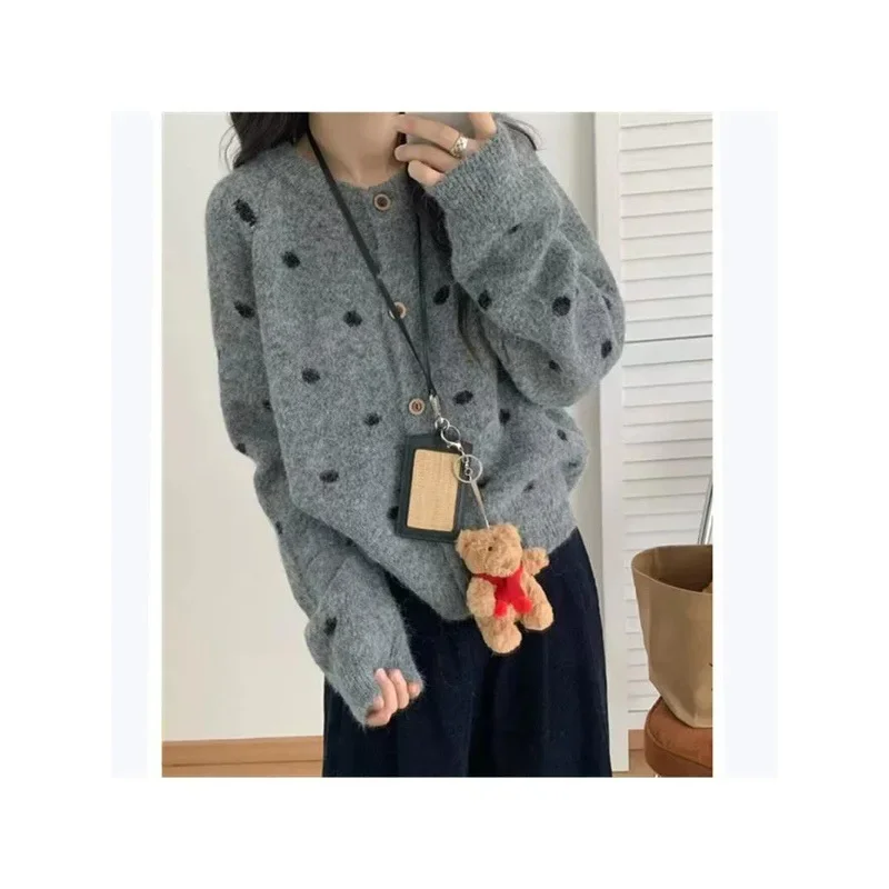 

Women Loose Casual Lazy Style Knitted Outerwear Top 2025 Autumn Winter Polka Dot Knitted Open Cardigan Sweater