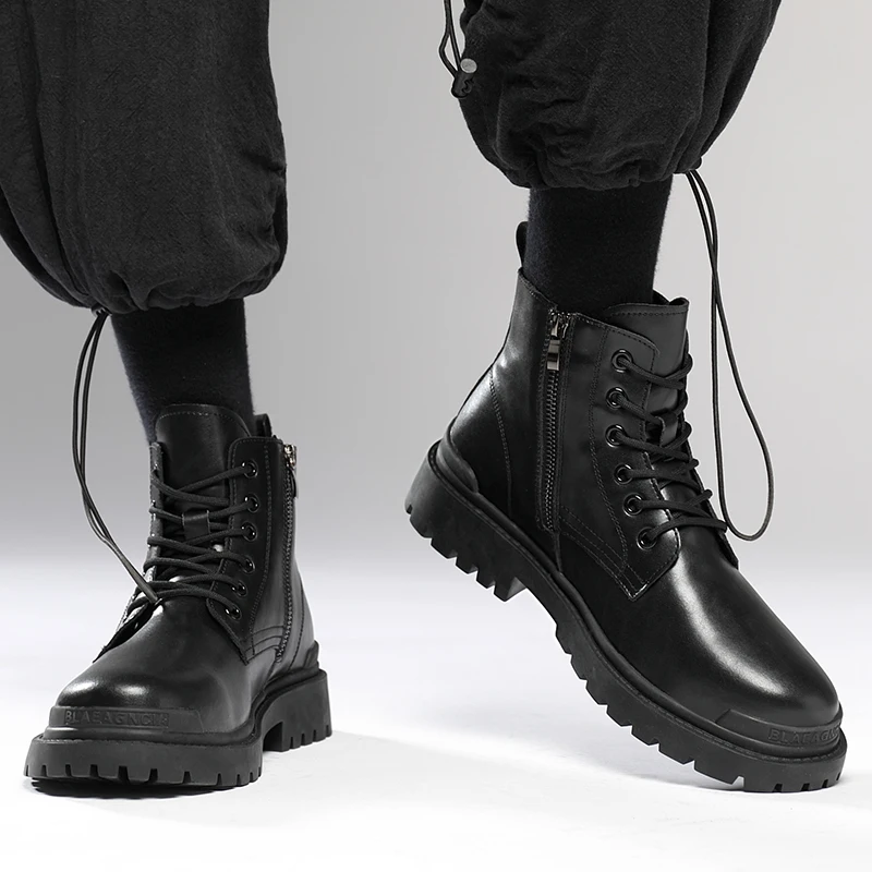 

Black Boots Men's Winter High Top British Style Waterproof Leather Boots Casual Riding Boots Warm Fleece Lined Work Co...