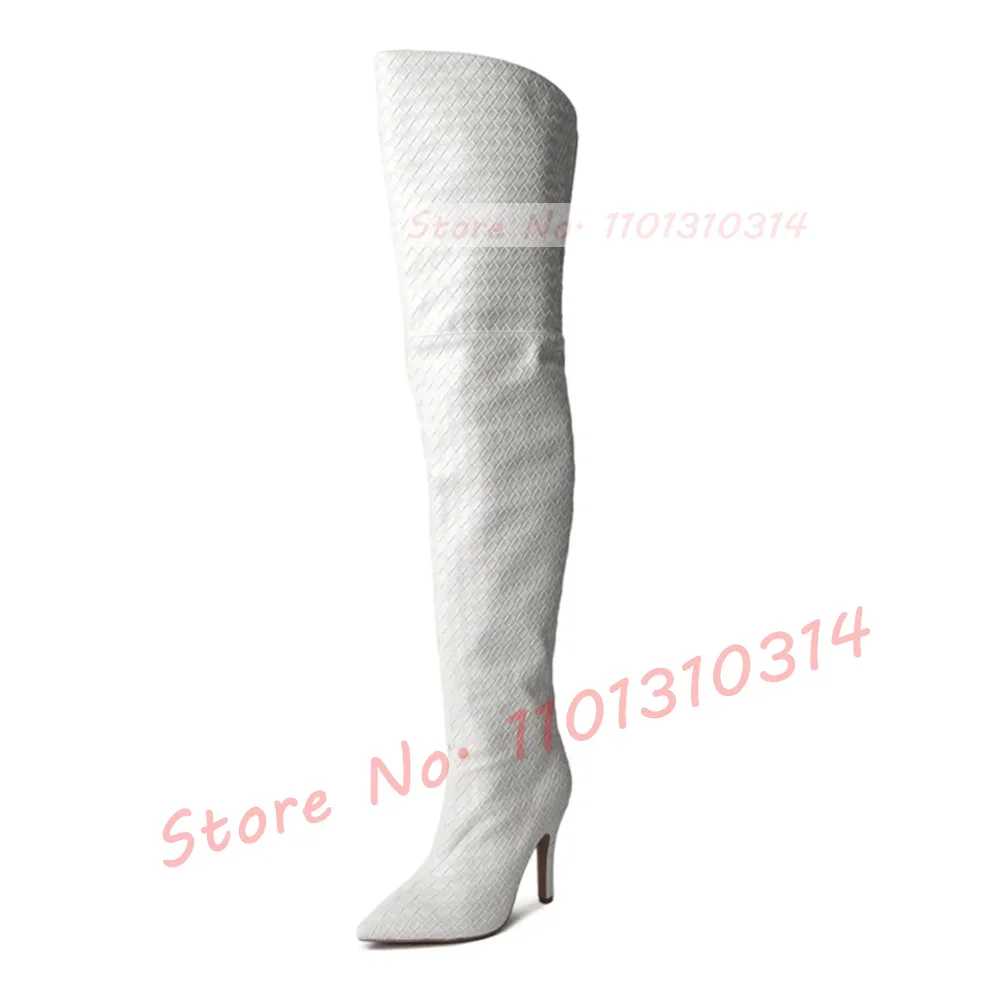 White Woven Thigh High Boots Ladies Sexy Back Hollow High Heels Boots Pointed Toe Street Style Women Side Zipper Casual Shoes
