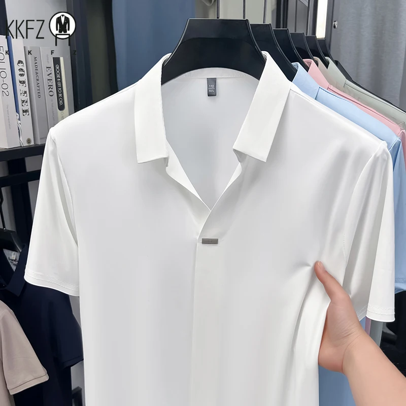 High elastic mens seamless lapel short sleeve shirt thin notch collar single metal buckle multi scene business formal garment