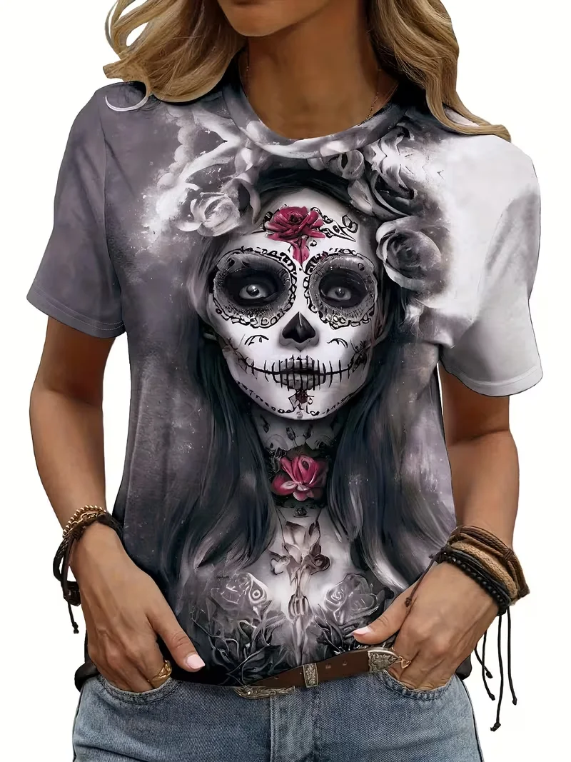 

New 3D Digital Novelty Dark Punk Skull Man Like Flower Print Round Neck Halloween T-shirt Fashion Casual Women's Wear