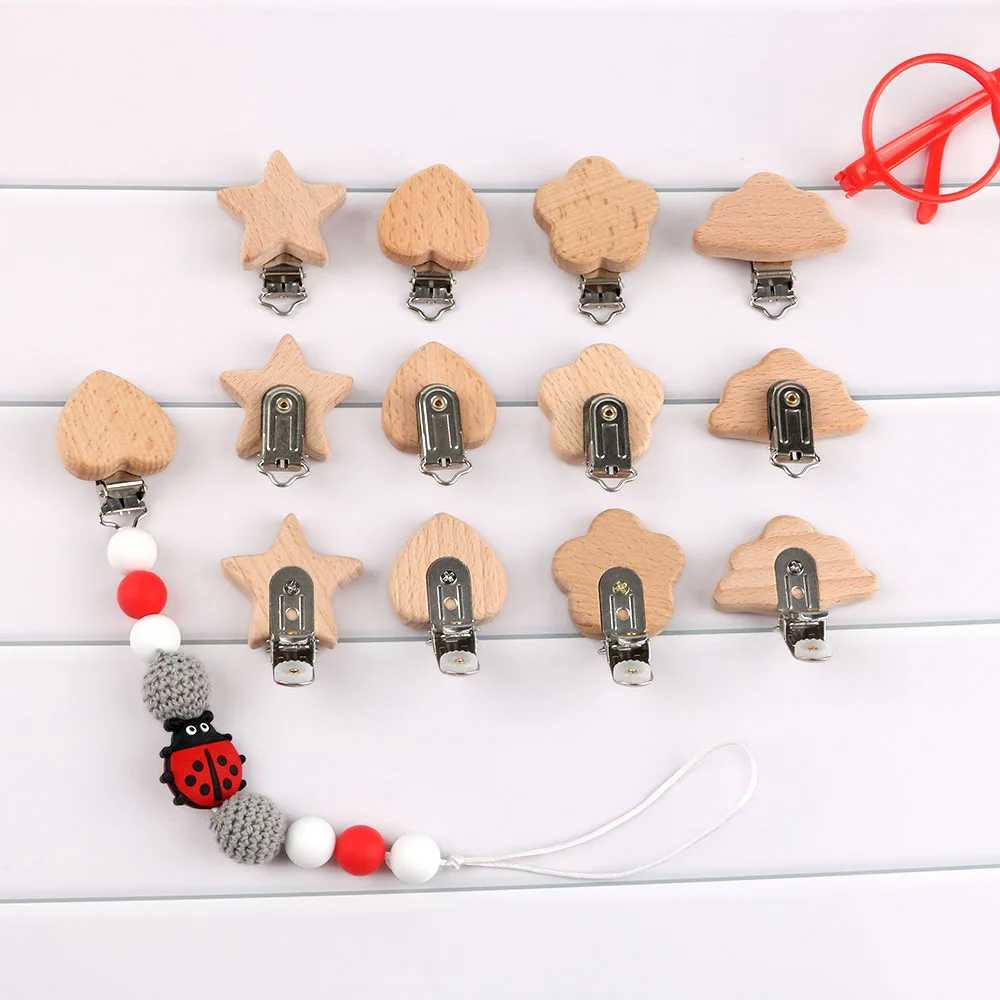 Wholesale 20/50/100/150Pcs Beech Wooden Pacifier Clip Animal Shape Wood Clip Metal Holder DIY Pacifier Chain Crafts Accessories