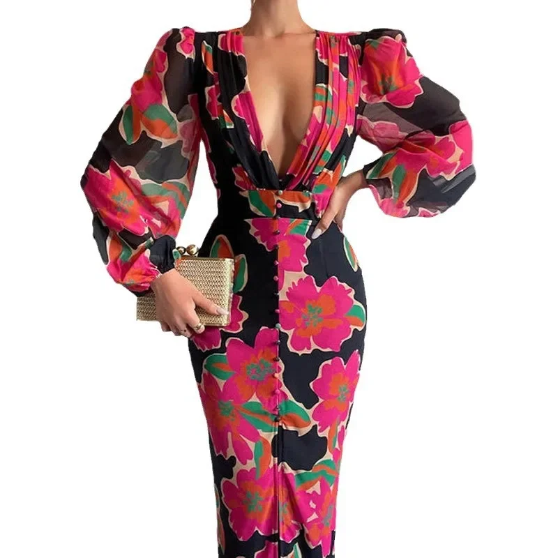 Gedrukte mesh doorzichtige maxi-jurk Zomer Dames Boheemse lange strandkleding Y2k Koreaanse sexy knoopsluiting Elegante bodycon-jurk Drama Diego