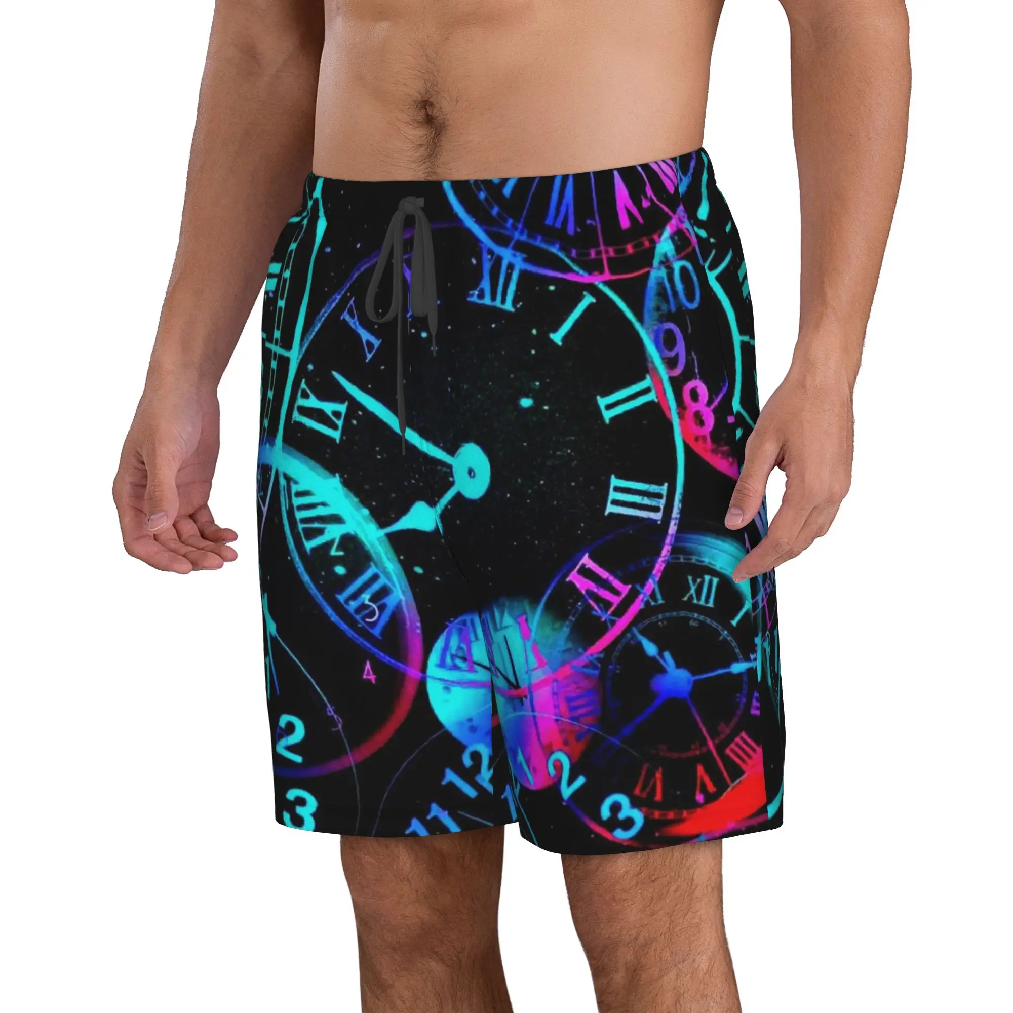 Neon Colorful Clock Time Pattern Trunks Beach Board Shorts Casual Quick Dry Swim Summer Men Pants