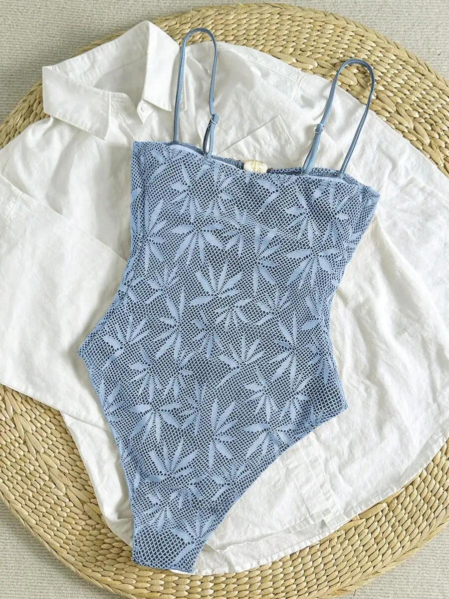 

Womens Boho Lace One-Piece Swimsuit With Leaf Pattern For Summer Beach Vacation