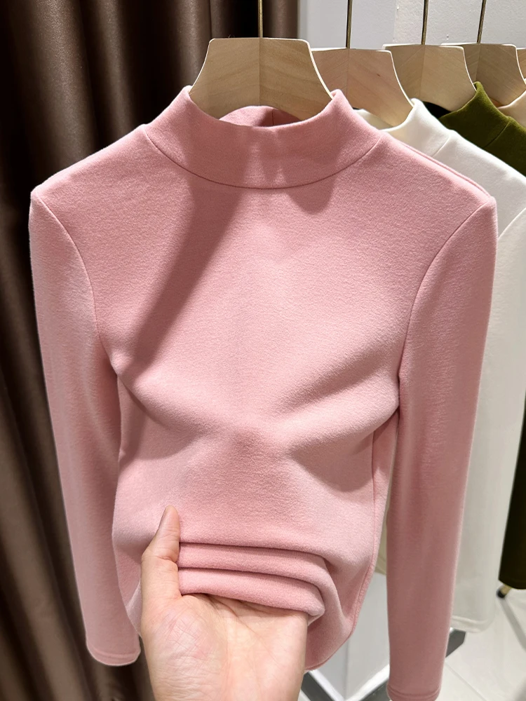 

Sweet Pink Splice Stand Collar Camere Women's Long Sve T-irt Spring Autumn Soft Warm Inner Wear Slim Fit Brued Base ...