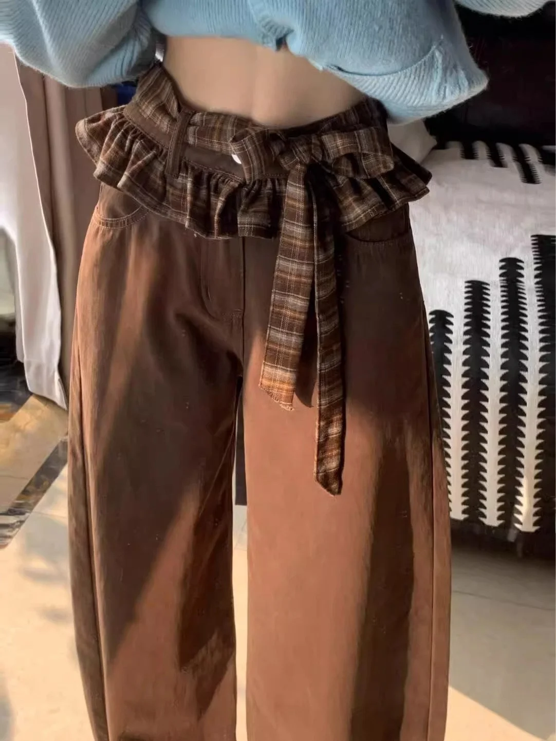 

Brown Knot Wide Leg Jeans Women's Spring Autumn Double Waist Design Loose Straight Cut Denim Trousers High Waist Lo...