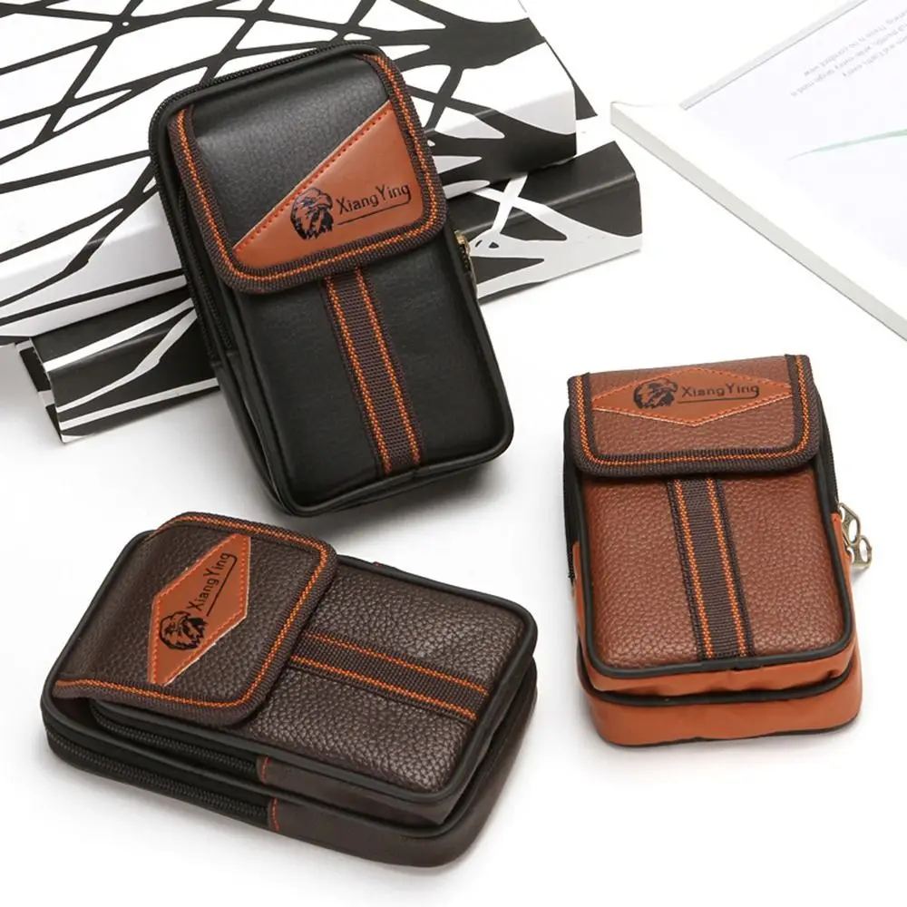 Durable PU Leather Man Belt Pouch 6.5inch Zipper Phone Waist Bag Modern Multiple Layers Phone Case Men's