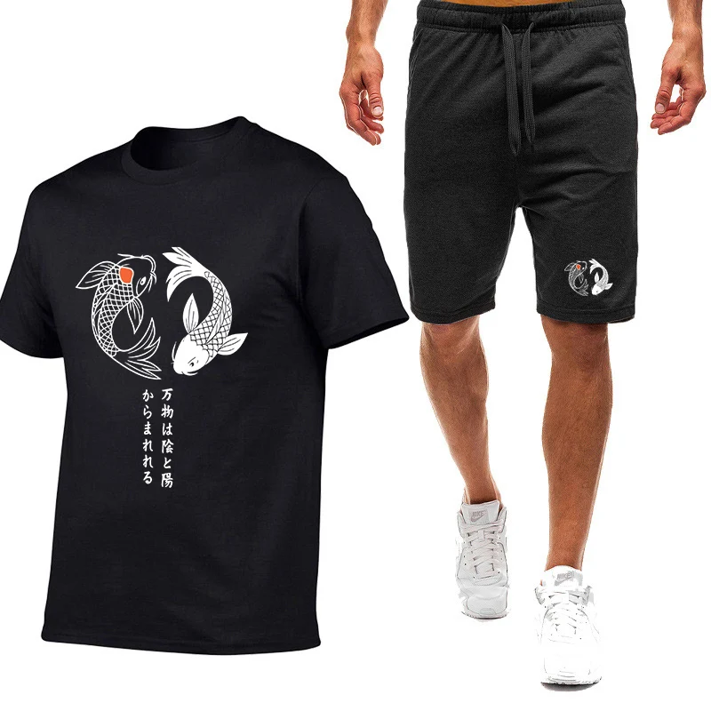 

Summer 2025 Japanese Koi Harajuku Illustration Pattern Logo Print Men's Fashion Handsome Absorb Sweat T-shirt Pants Suits