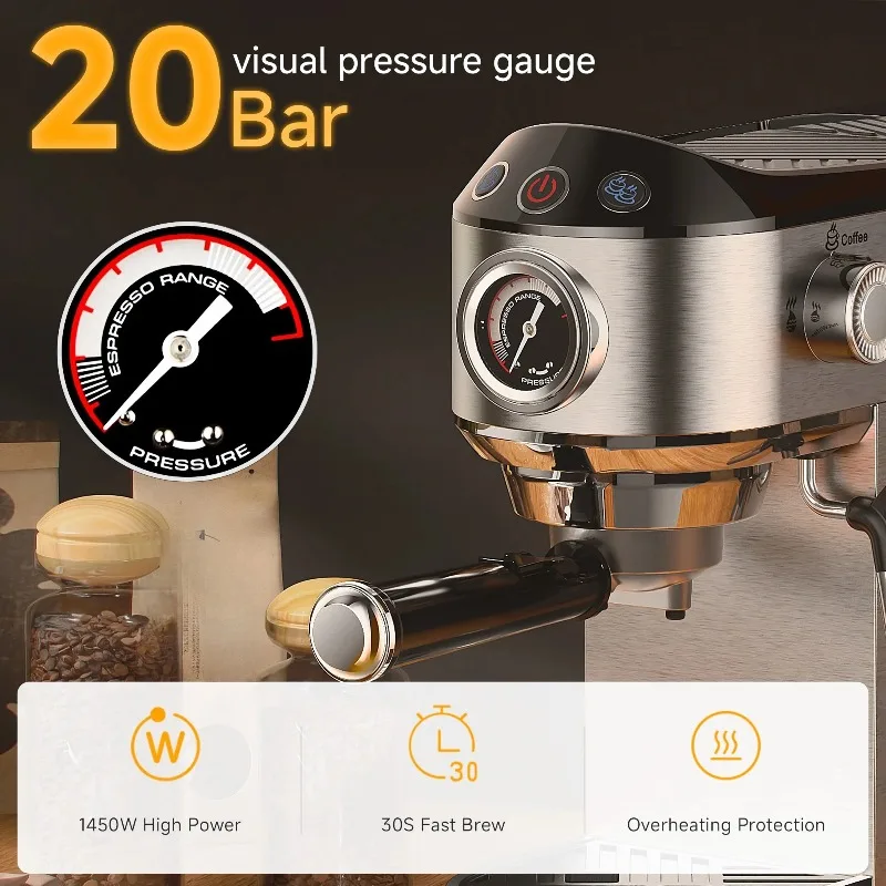 20 Bar Stainless Steel Semi-Automatic Coffee Machine with Milk Frother Wand for Espresso Cappuccino and Powder Coffee