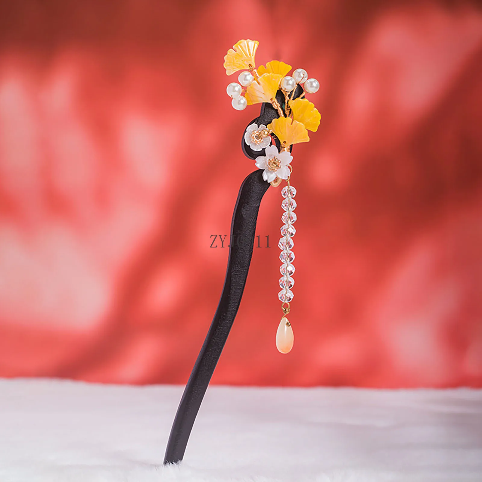 * ใบแปะก๊วยผมสไตล์จีน Cheongsam อุปกรณ์เสริมผมไม้พู่ Hairpin ตะเกียบ Vintage หญิง Tiaras เครื่องประดับ