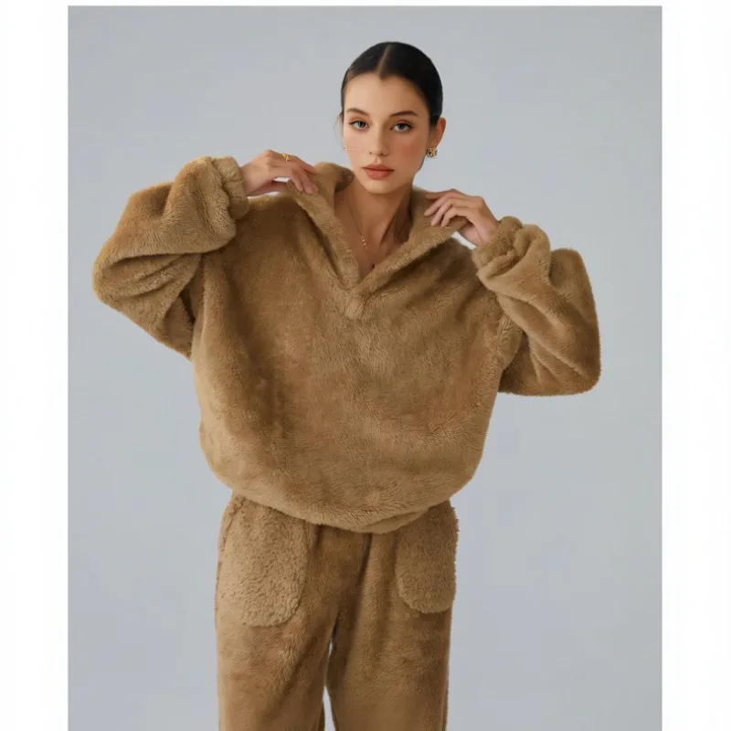 New European and American Trends Can Be Worn Outside Solid Color Pajamas Winter Women' Casual Suit Casual Lazy Long-sleeved Suit