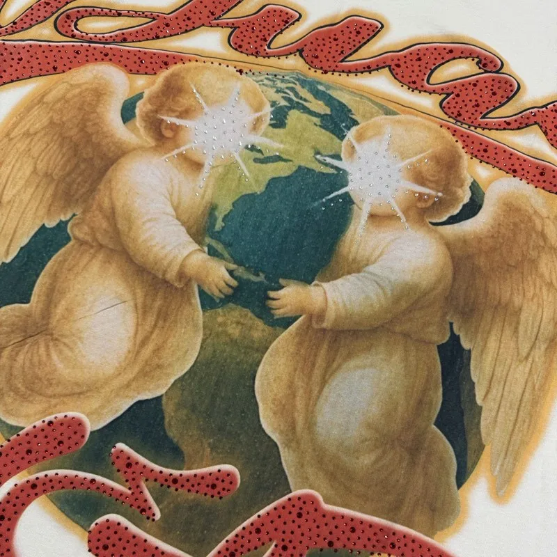 Vintage Distressed DUAA Tshirt Rhinestone Letter Double Angel Wings Rugby Tigers Print Men Women Cotton Short Sleeve Street Tops