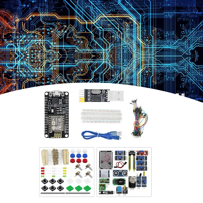 Placa de desarrollo negra ESP-12E ESP8266 CP2102 + sensores 16X + paquete de componentes + módulo de puerto serie USB a puente 65 + placa de pruebas