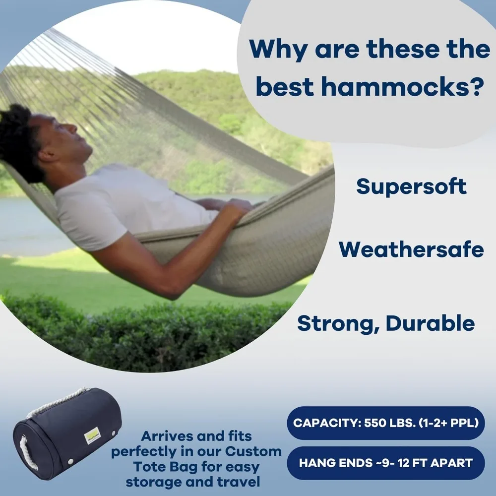 Handwoven Hammock Family Size, Fits 2+ PPL, 550lb max - Weathersafe, Super Strong, Easy to Hang, Ultra Soft, Artisan Made