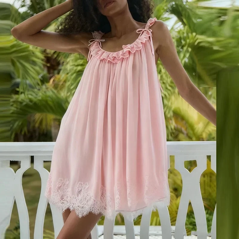 

Elegant Lady Solid Color Vacation Short Dress Temperament High Waist Summer Dresses French Style Lace Halter Loose A-line Dress