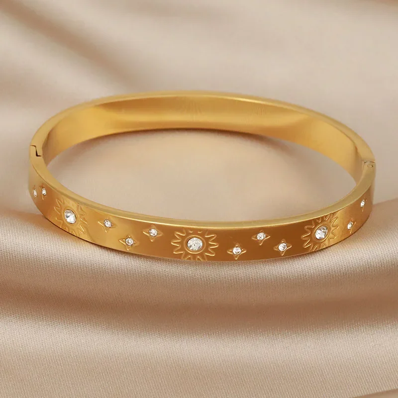 Classic Stainless Steel Metal Crystal Flower Bangles for Women Fashion Brand Jewelry Sun Bracelet Gift Accessories