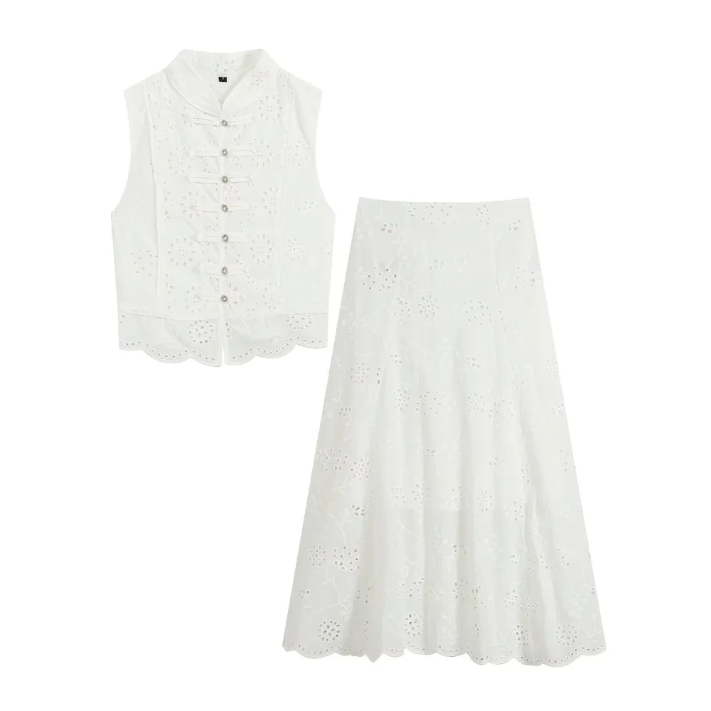 Women Embroidered Eyelet Skirt Sets White Summer 2 Piece Sets Embroidered Jewel Button Sleeveless Top Matching A-line Midi Skirt