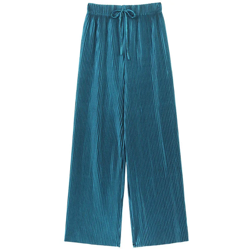 Women Fashion Summer Wide Leg Pants Pleated Ice Silk Trousers Elastic Waist Loose Casual Pants