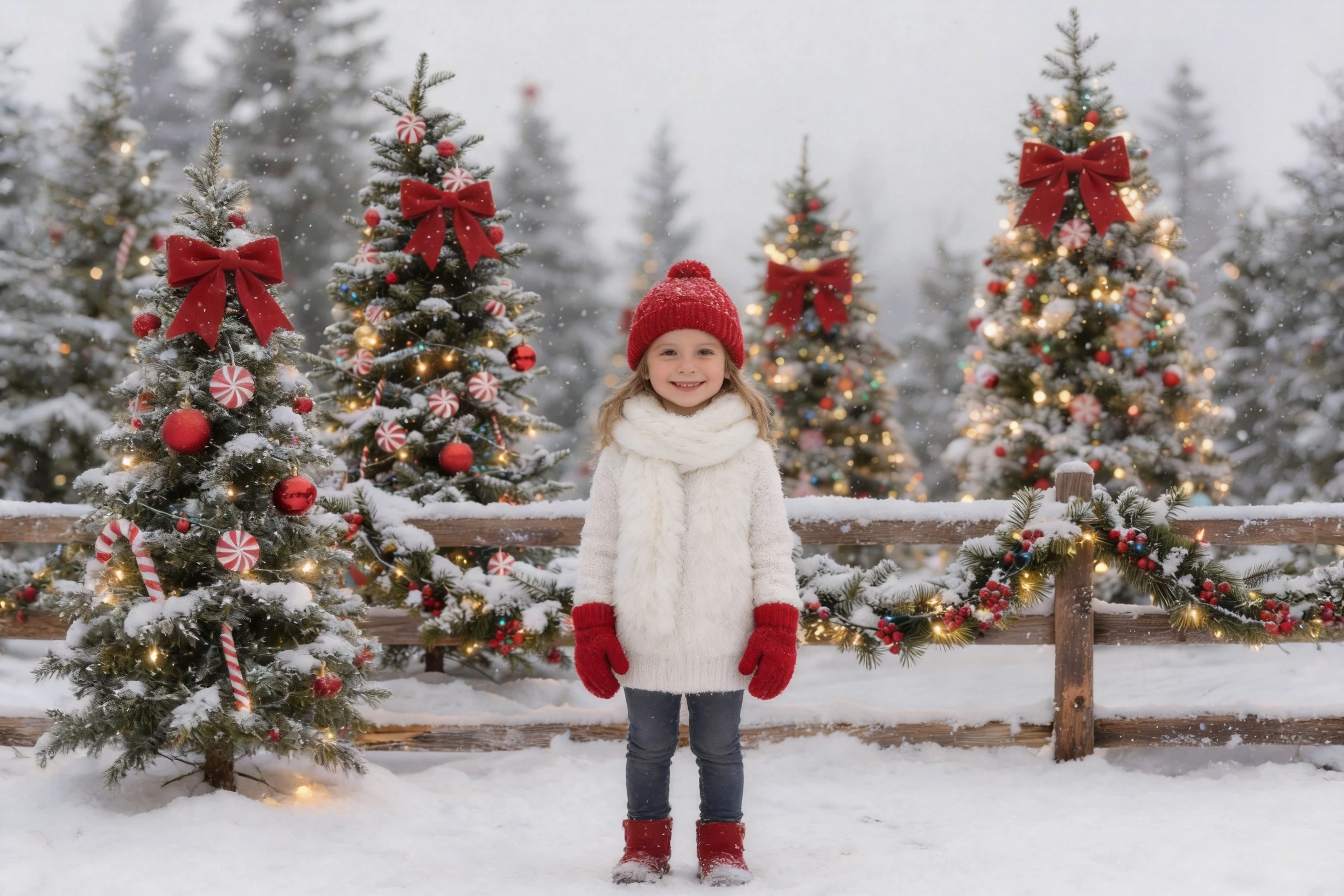 Xmas Winter Snowy Scene Decorated Xmas Trees With Red Bows Garland On Wooden Fence Photo Backdrops