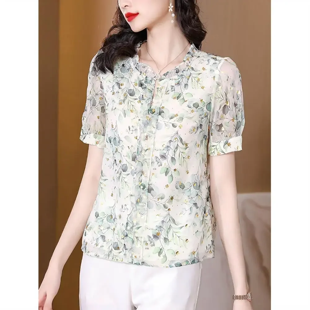 Vintage Chiffon Summer Short Sleeve Floral Shirt Women 2024 New Temperament All-match Thin Style Short Sleeve Comfortable Tops