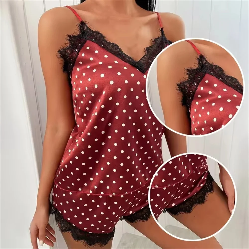 Two Piece Summer Women\'s Lace Suspender Set Women\'s V-Neck Printed Polka Dot Sexy Lace Top and Shorts Pajama Set