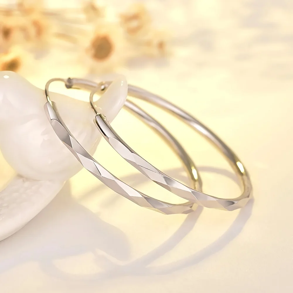 Fine Silver Color Luxury 5CM Big Circle Hoop Earrings for Women Charms Original Designer Party Wedding Jewelry Gifts