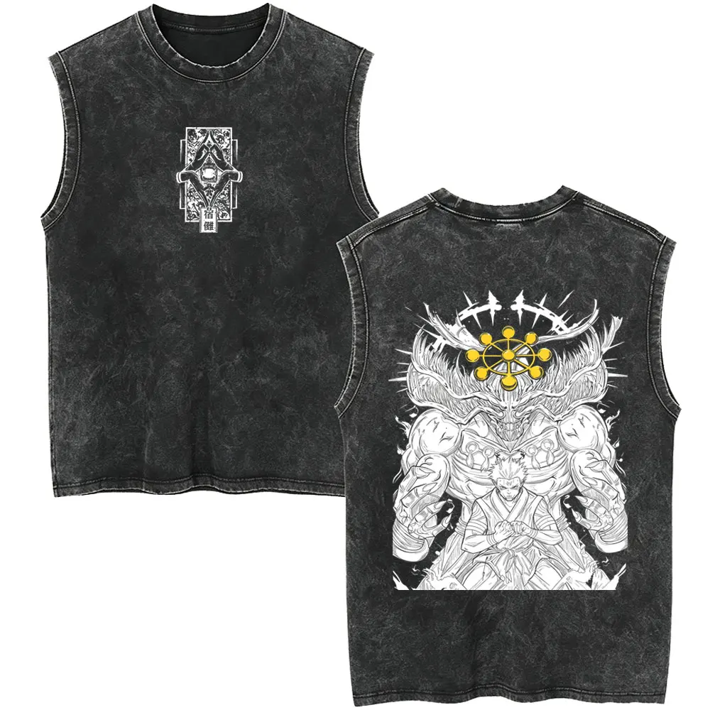 Anime Jujutsu Kaisen Fushiguro Megumi Makora Vintage Washed Tank Tops Men Women Retro Casual Oversized Sleeveless Vest T-shirt