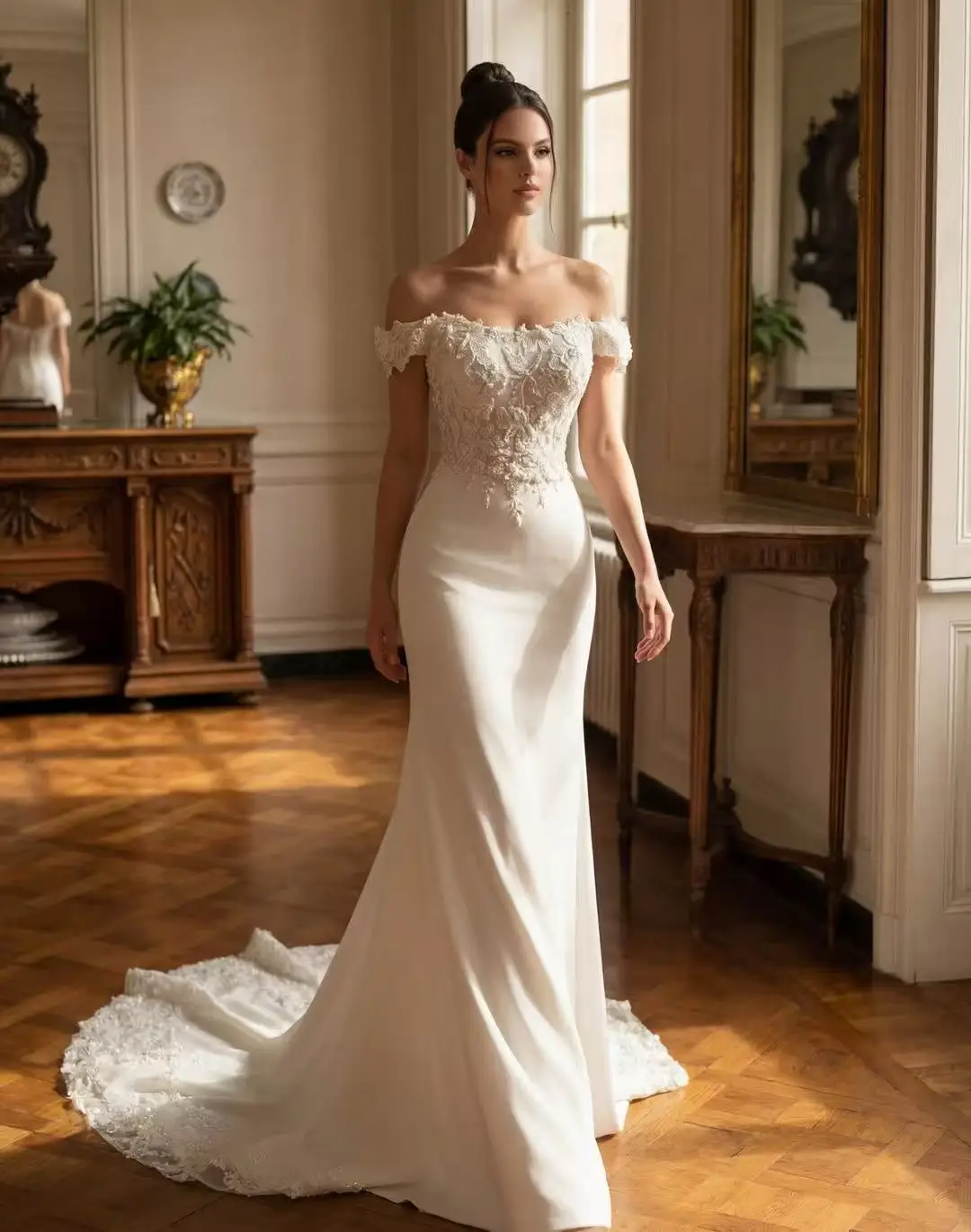 Classic Lace Appliques Wedding Dress for Women Off the Shoulder Mermaid Lace up Vestido De Casamento Customised