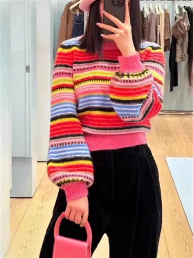 Ladies O-Neck Lantern Sleeve Short Pullover Women Colourful Contrast Stripes Wool Blend Sweater 2024 Autumn and Winter New