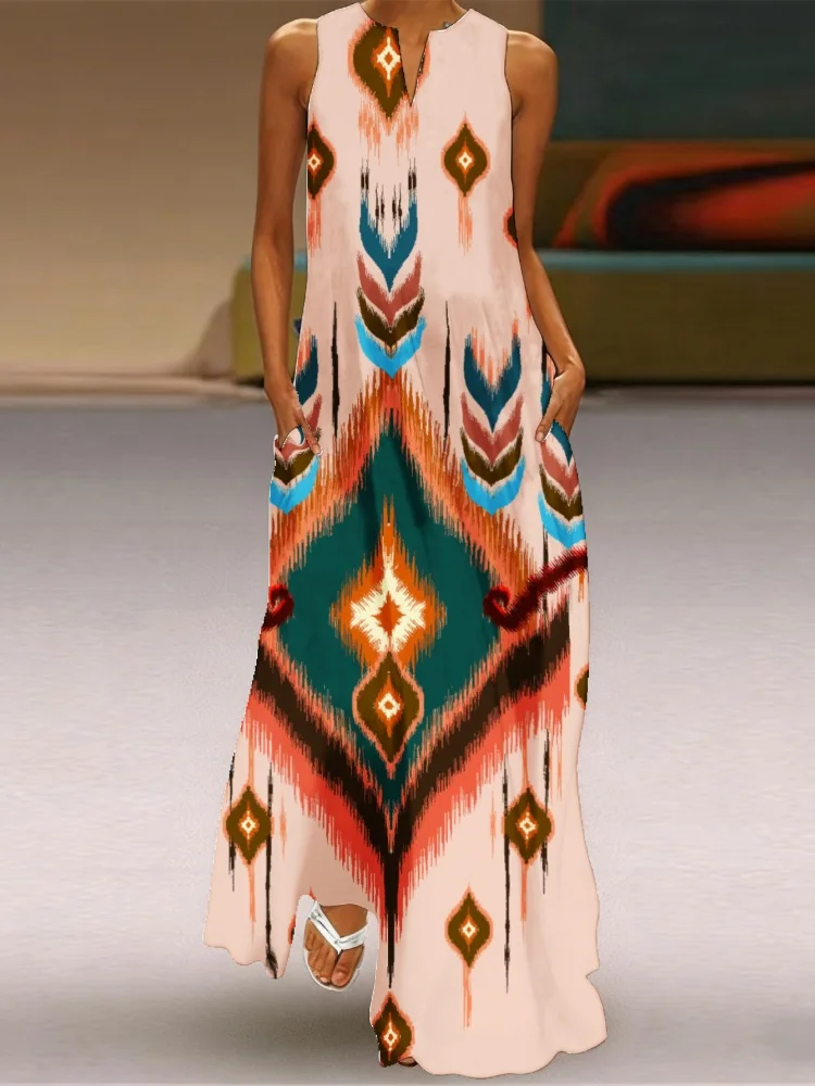 

Plus Size Women Long Dresses Casual Loose Vintage Diamond-Shaped Printing Sleeveless Tank Robes Holiday 5XL Sundress Female