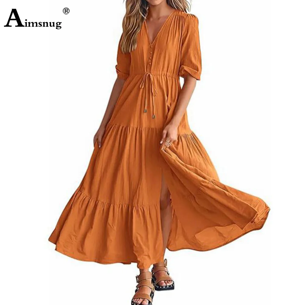 Long Boho V-neck Solid White Perspective Dresses Women Half Sleeve Maxi Dress Plus size Ladies Vintage Simple Basic A-line Dress