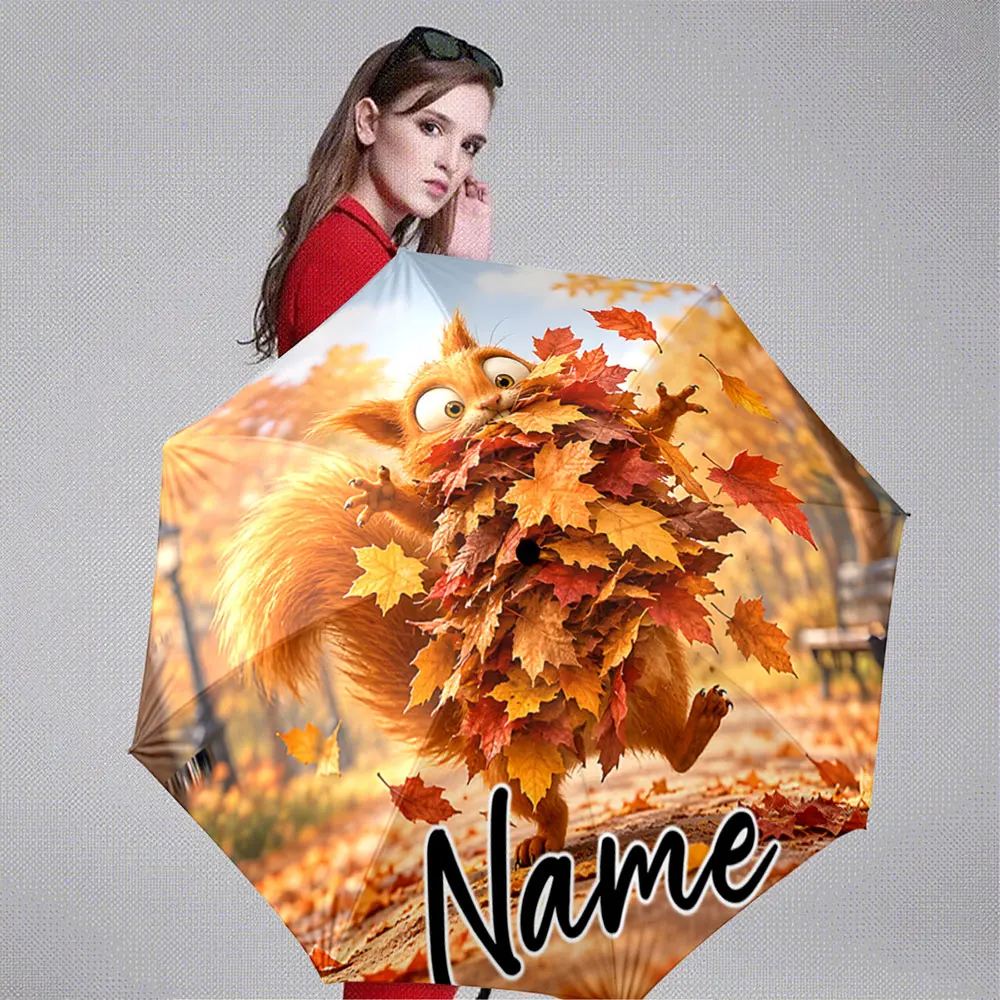 Custom Name Umbrella Cheerful Autumn Squirrel 8 Iron Ribs Folding Umbrella Auto-Open Fashion Sunshade