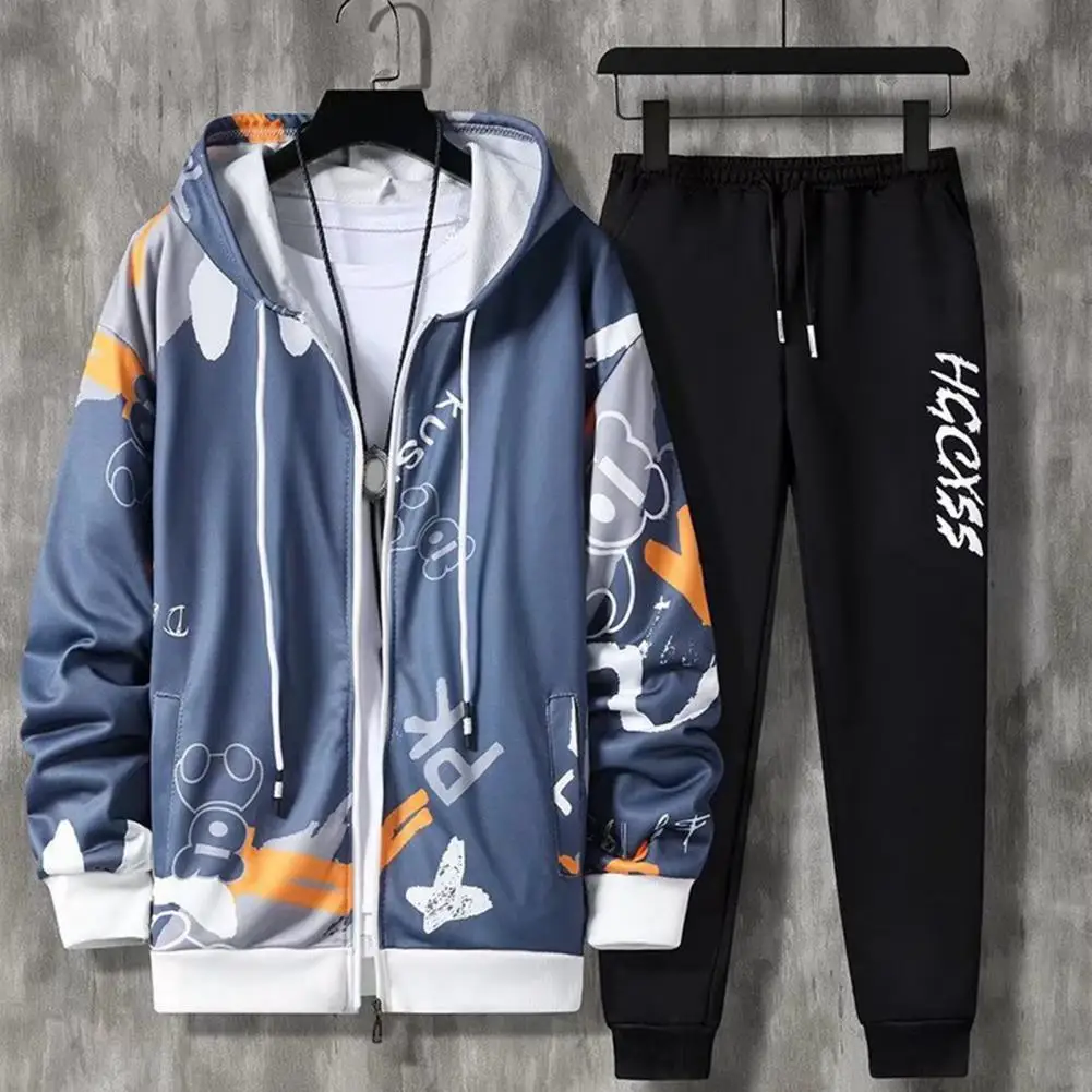 Men Hooded Sportswear Men\'s Hip Hop Tracksuit Set with Hooded Coat Drawstring Pants Letter Print Zipper Closure Sportswear