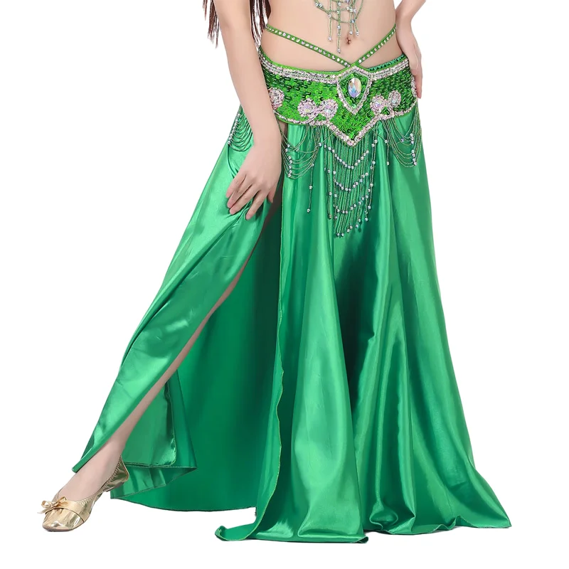 

Women Long Satin Panel Skirt 2 Side Slit Belly Dance Tribal Swing Gypsy Costume Sexy Double Forktailed Church Praise(No Belt)