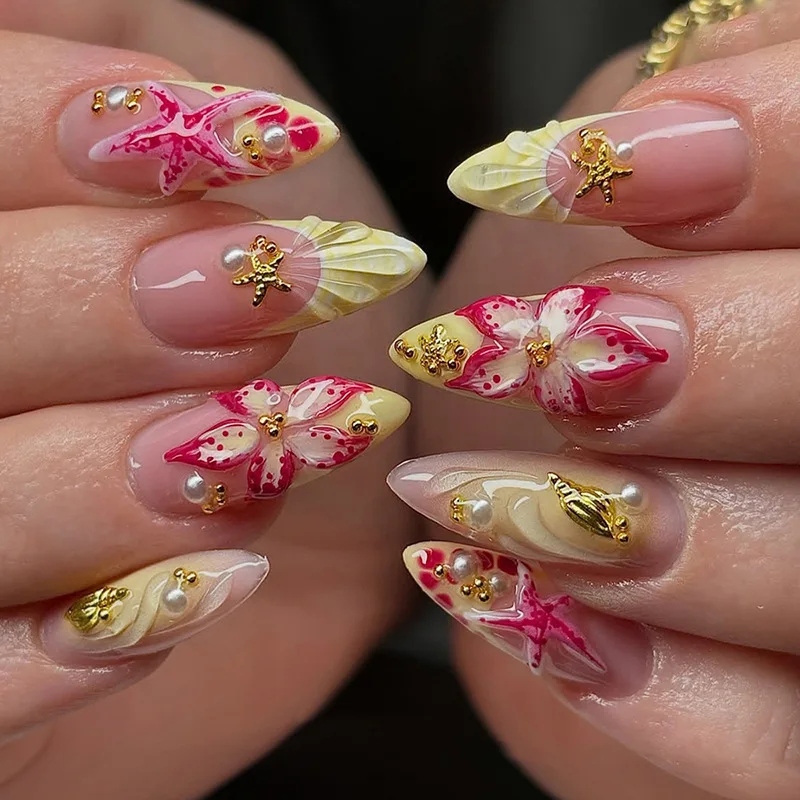 24Pcs Gradient False 3D Flower Gilded Rose Design Nails Press on Golden Bead Heart Full Cover Fake Nail Detachable Finger Nails