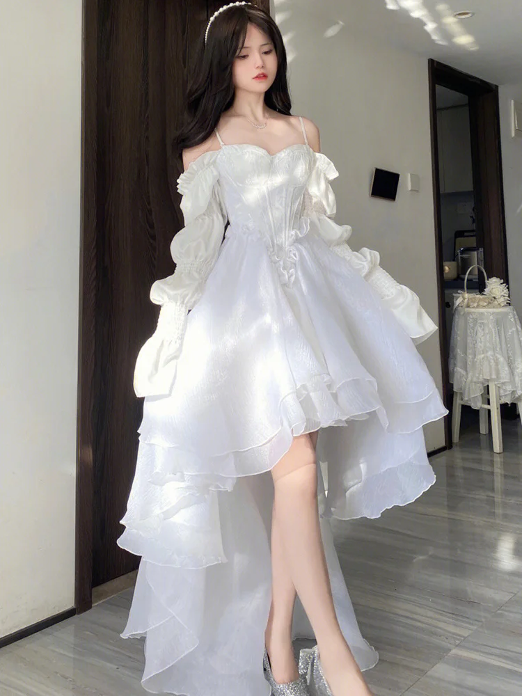 

Hot sale 2023 Spring Elegant White Off Shoulder Fairy Dress Female Chic Princess Puff Dress Women Solid Wedding Party Dress