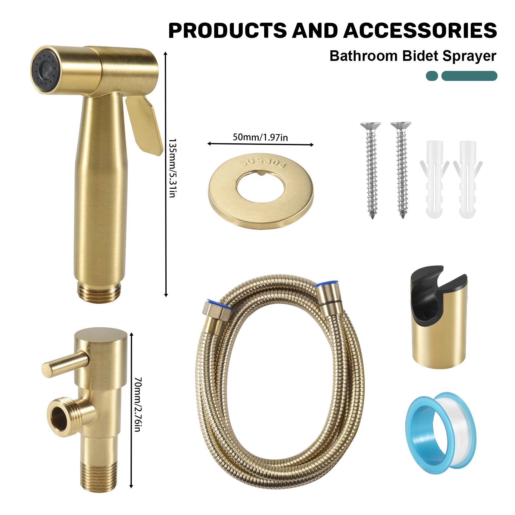 

ABFA Bathroom Toilet Bidet Tap Kit Brushed Gold Wall Mounted Bidet Sprayer Shower with Shut-Off Valve