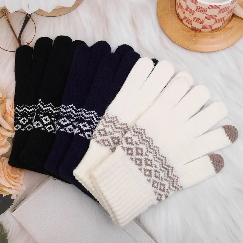 New Women Men Warm Touchscreen Gloves Winter Stretch Knitted Mittens Fashion Jacquard  Full Finger Glove Ski Cycling Mitten