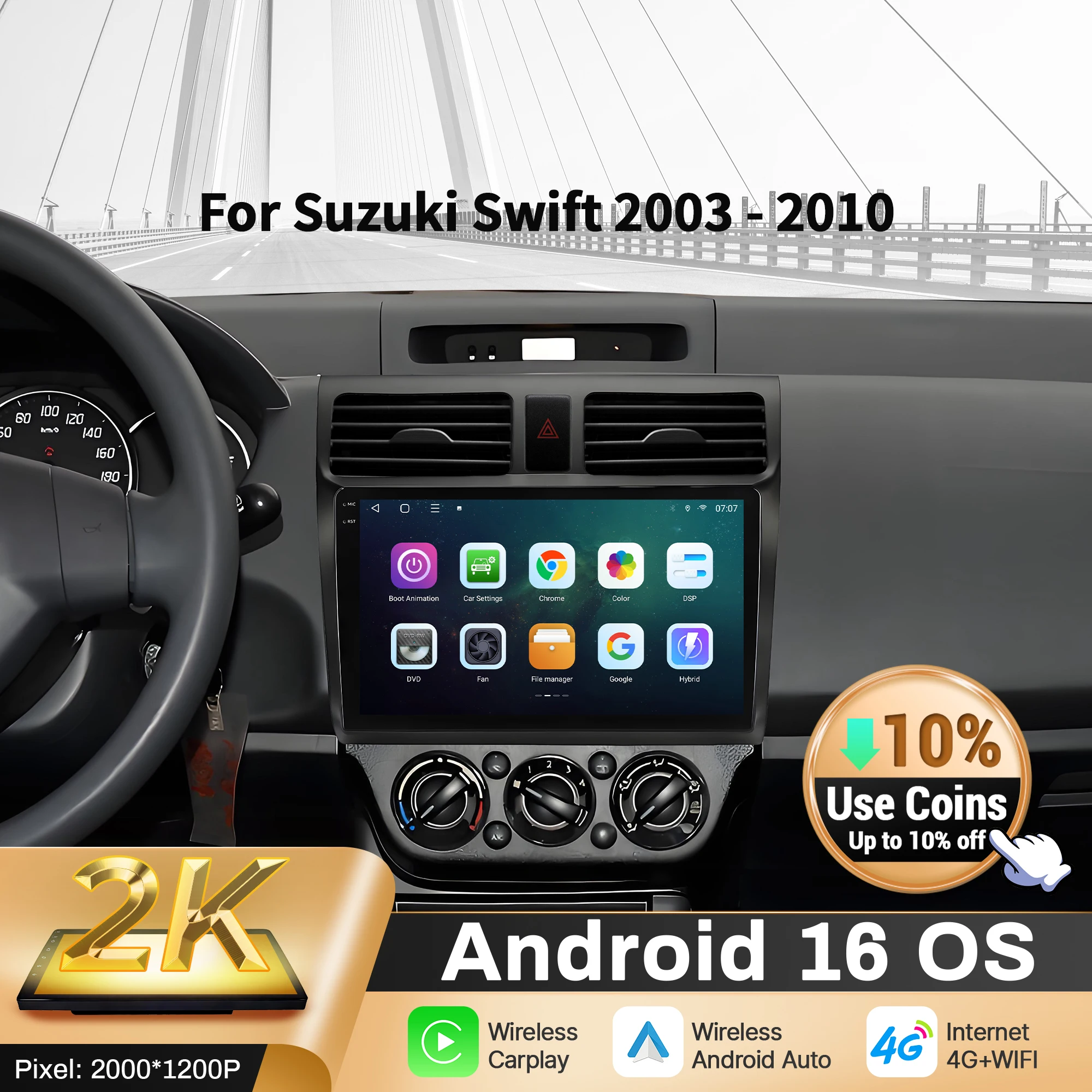 

10-дюймовый автомобильный радиоприемник Android 16 для Suzuki Swift 2003-2010 BT Carplay, мультимедийная навигация, головное устройство, 2K QLED экран