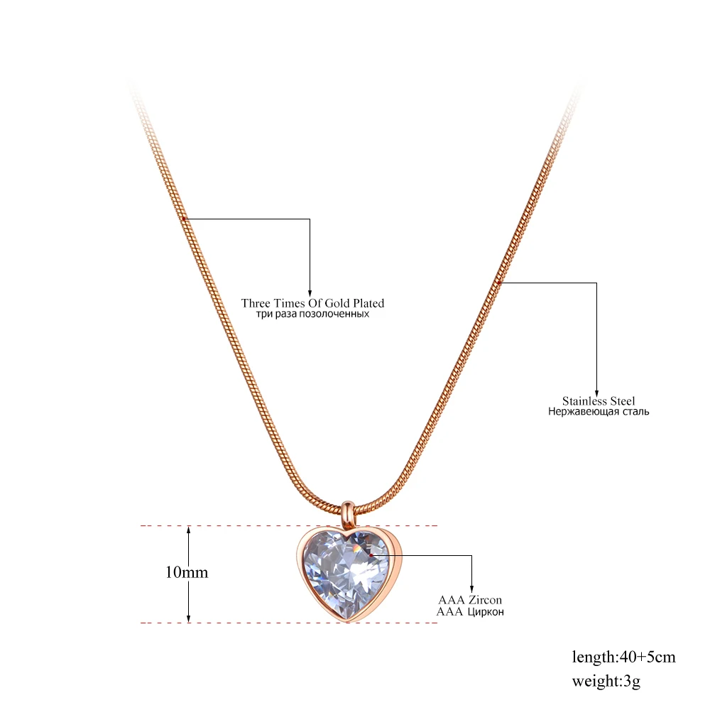 JeeMango Stainless Steel Love Heart Pendant Necklaces Jewelry Rose Gold Color CZ Crystal Wedding Necklace For Women JN21111