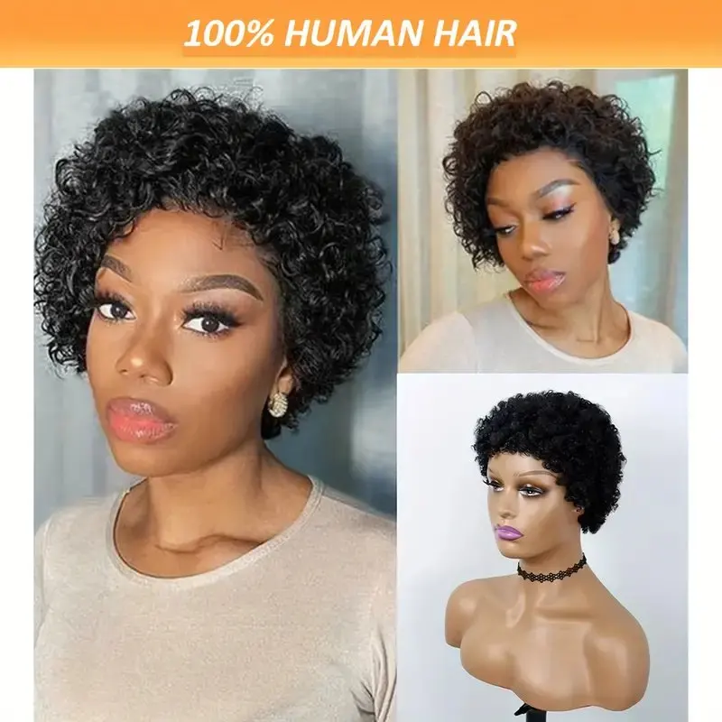 Peruca Curta de Corte Pixie para Mulheres, Cabelo Humano Remy Brasileiro, Onda Encaracolada, Lace Front, Densidade 180%, 13x1