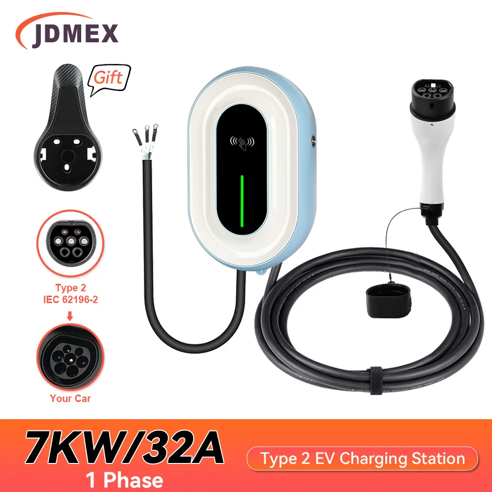

JDMEX 7KW Type2 EV Charger Station 32A 1Phase Electric Vehicle Charger EVSE Wallbox Swipe Card Wallmount IEC62196-2 5M Cable