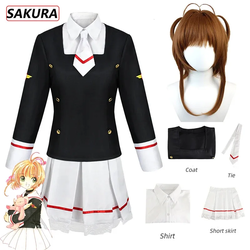 Anime Card Captors Sakura KINOMOTO SAKURA Costume Cosplay Aldult Donna Carino Loli Sailor JK Uniforme Gonne Camicia Cravatta Parrucca Vestito