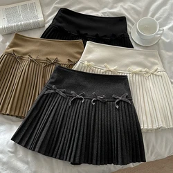 Korean Faux Fur Skirts Women Y2K Bow Stitching Sweet Mini Skirt Fall Winter Fashion High Waist Soft Warm All-Match Pleated Skirt