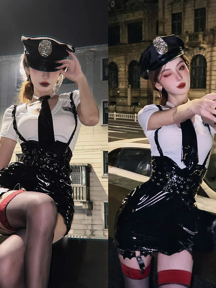

Sexy loween Costume Set Bar Devil Girl Par Police Officer Cosplay Faux Leather orm Suit Restrained Sle ort Sv...