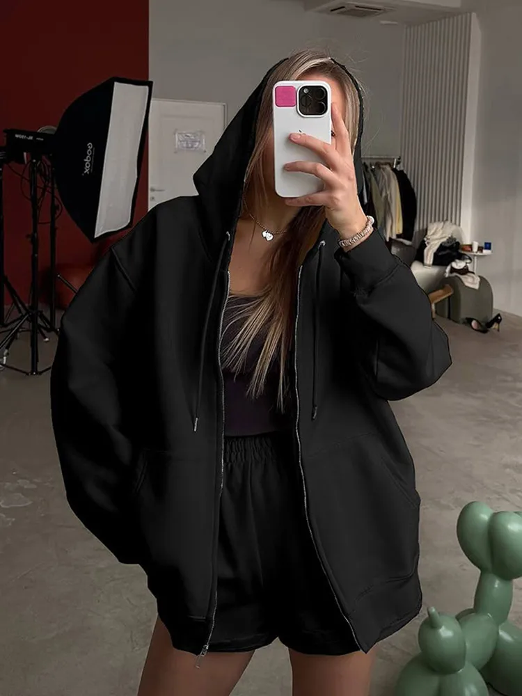 

Women Solid Hooded Jacket Sets For Women Full Sleeve Pockets Zipper Jackets Shorts Suits Lady New Casual High Street Suit 2025